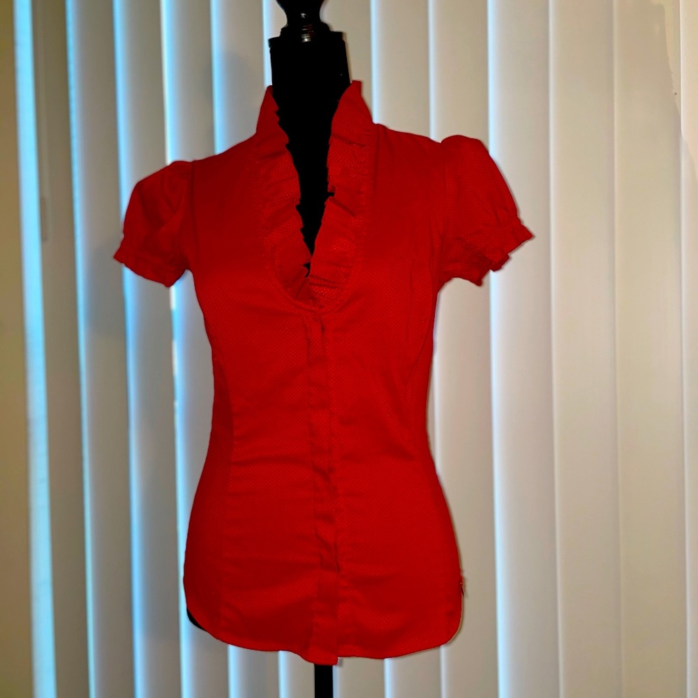 Mango flutter neck and cap sleeve blouse